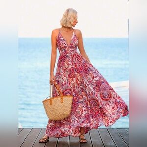 New Flowy Boho Scarf Print Maxi Dress Plunge V Neck Halter Long White Red Blue